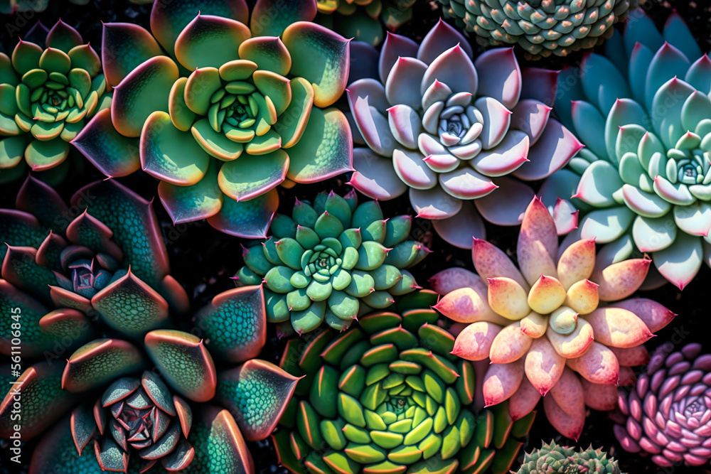 colourful succulent plants background, generative ai plant texture  - obrazy, fototapety, plakaty 