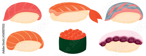 Set of cartoon sushi. Salmon, tuna, shrimp, octopus, iwashi, red caviar. Japanese cuisine, traditional food icons on white background