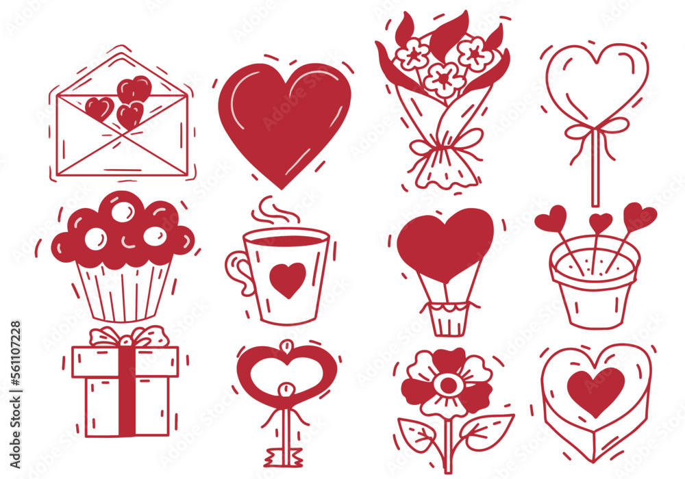 Hearts for Valentine's Day Valentine's Day set of separate elements of red color Doodle sketch heart candy mug flowers and balloons letter and box, hand drawn Hearts for Valentine's Day Valentine's Day set of separate elements of red color Doodle sketch heart candy mug flowers and balloons letter and box, hand drawn