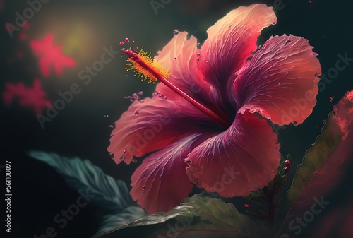 illustration of close up red Hibicus flower with blur background, idea for spring season background or wallpaper, generative ai photo