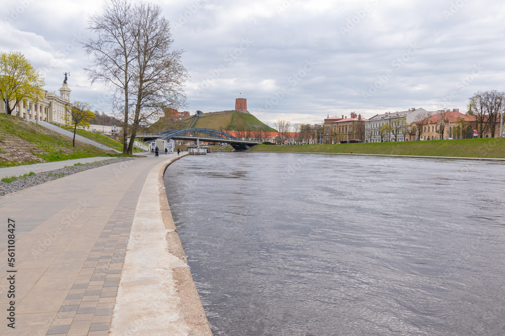 Vilnius, Lithuania . Panoramic view of the riverside and Gediminas Tower visible in distance.