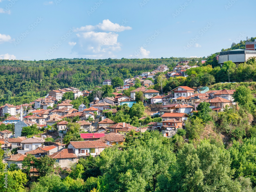 View from above with the medieval buildings and houses in Veliko Tarnovo, the historical and cultural capital of Bulgaria