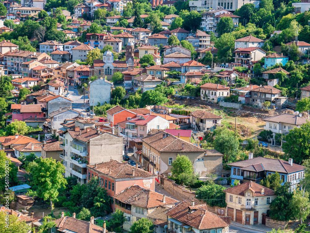 View from above with the medieval buildings and houses in Veliko Tarnovo, the historical and cultural capital of Bulgaria