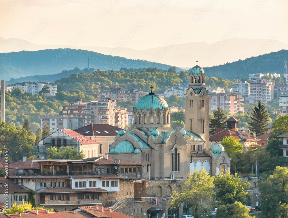 Veliko Tarnovo, Bulgaria - August 2022: View from above with Cathedral of the Nativity of the Virgin Mary in Veliko Târnovo