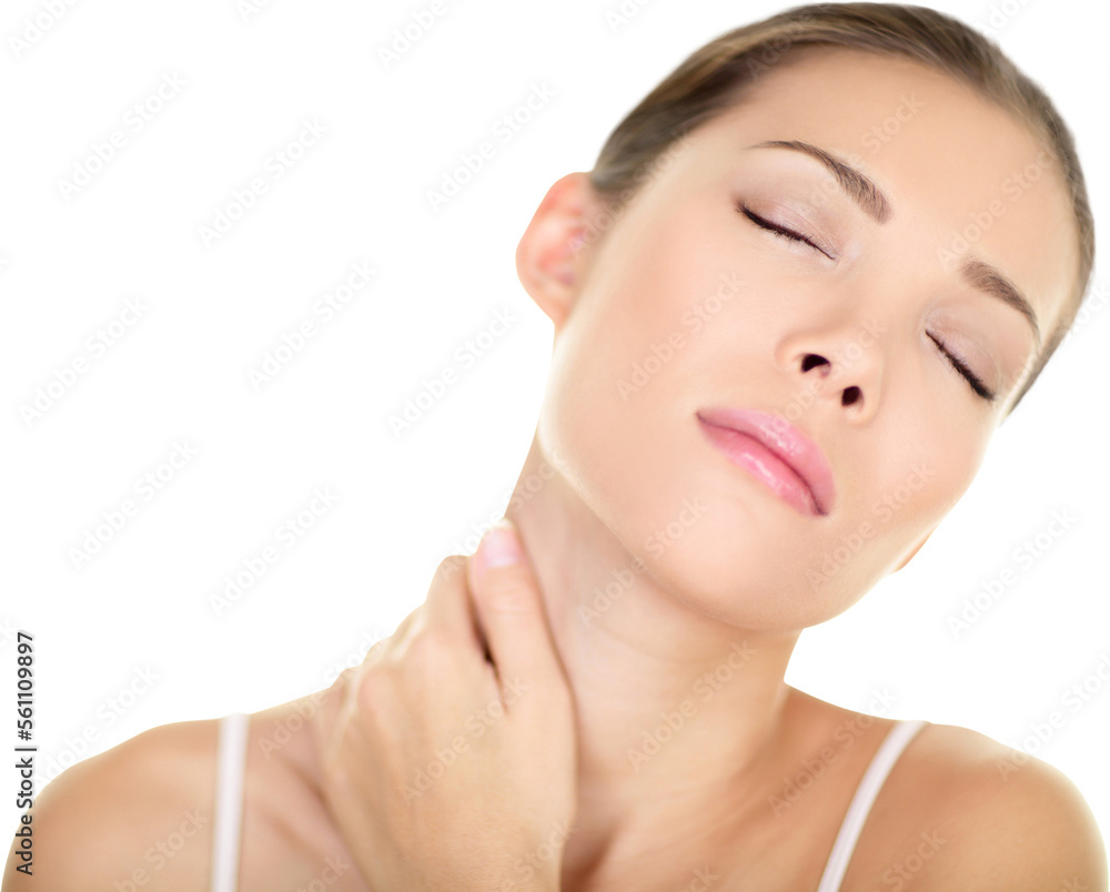 Neck pain muscle stress and strain - Unhappy tense stressed Asian woman massaging neck. Massage and wellness concept with female beauty model isolated in transparent PNG. Mixed race Asian Caucasian. Neck pain muscle stress and strain - Unhappy tense stressed Asian woman massaging neck. Massage and wellness concept with female beauty model isolated in transparent PNG. Mixed race Asian Caucasian.