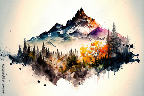 Panorama with mountains and trees in watercolor - generated by Generative AI