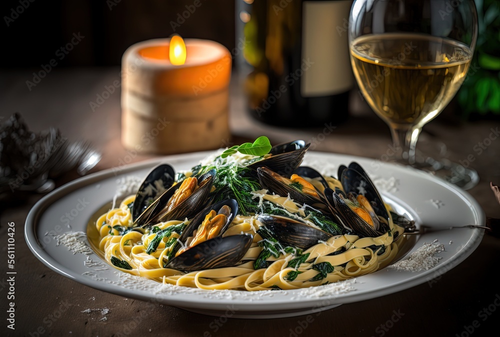 close up illustration of Mussel Linguine in White Wine Sauce