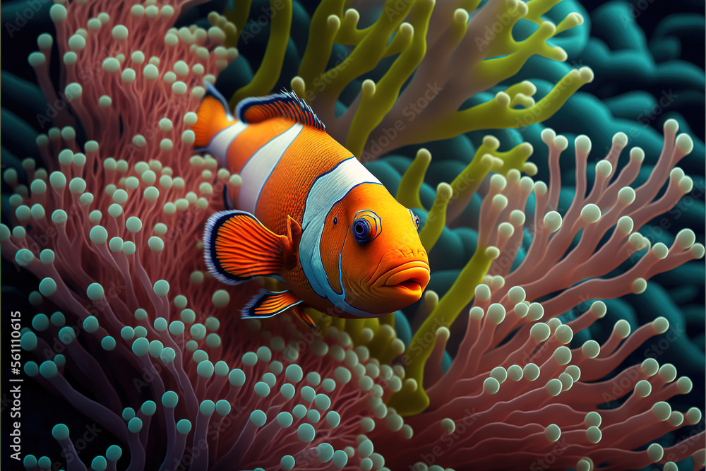 Nemo Clownfish Clown fish swimming in anemone in tropical destination - obrazy, fototapety, plakaty 