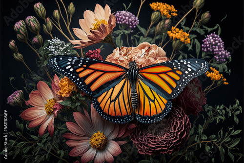 Monarch butterfly (Danaus plexippus) on a different kind of beautiful flowers, illustration created with Generative AI technology