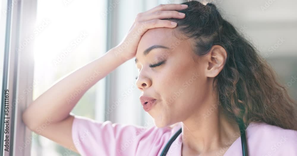 Nurse, thinking or stress headache by window in hospital, clinic or wellness theater and mental health burnout or anxiety. Exhausted, fatigue or tired healthcare woman in surgery mistake or work risk Nurse, thinking or stress headache by window in hospital, clinic or wellness theater and mental health burnout or anxiety. Exhausted, fatigue or tired healthcare woman in surgery mistake or work risk