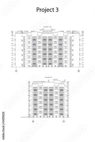 Vector architectural project of a multistory building with a parking space and landscape design