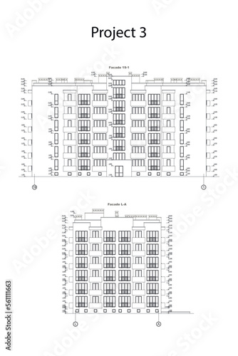 Vector architectural project of a multistory building with a parking space and landscape design