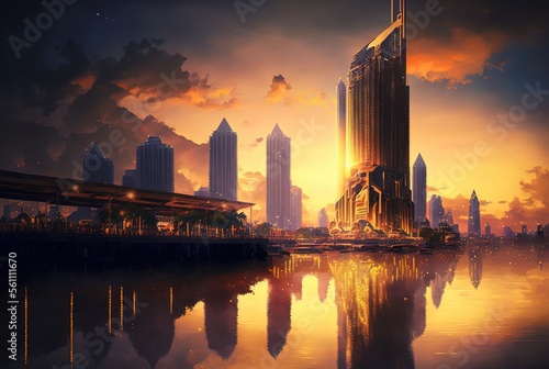 Bangkok Thailand in imagination illustration, at riverside landscape with high rise building urban cityscape