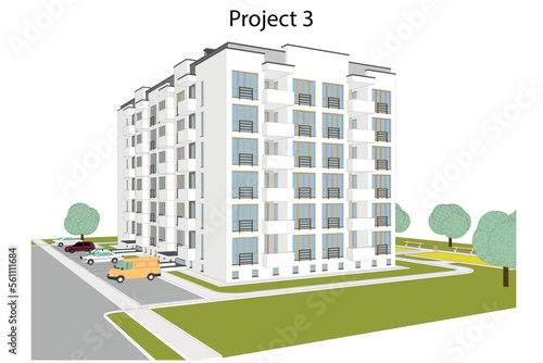 Vector architectural project of a multistory building with a parking space and landscape design