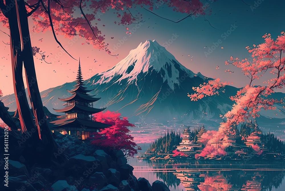 Asian style pavilion made of wood in the enchanted garden where cloud