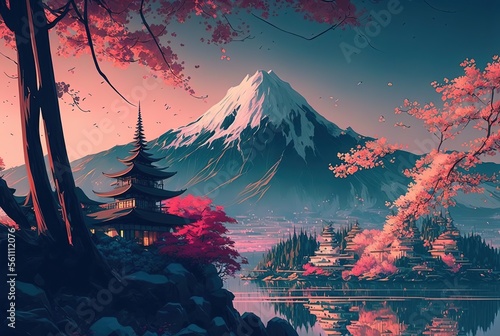 Asian style pavilion made of wood in the enchanted garden where cloud met mountain peak and red flower blossom, idea for wallpaper or background