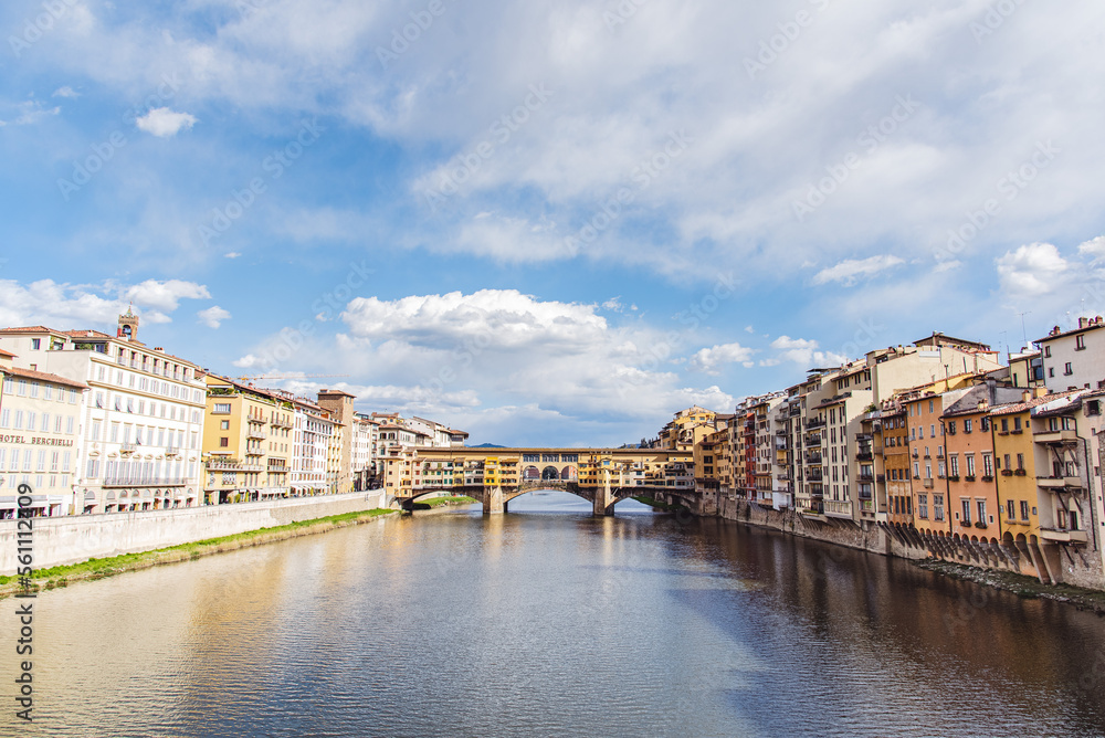 Pontevecchio and Arno river, Florence Italy - looking up at monument