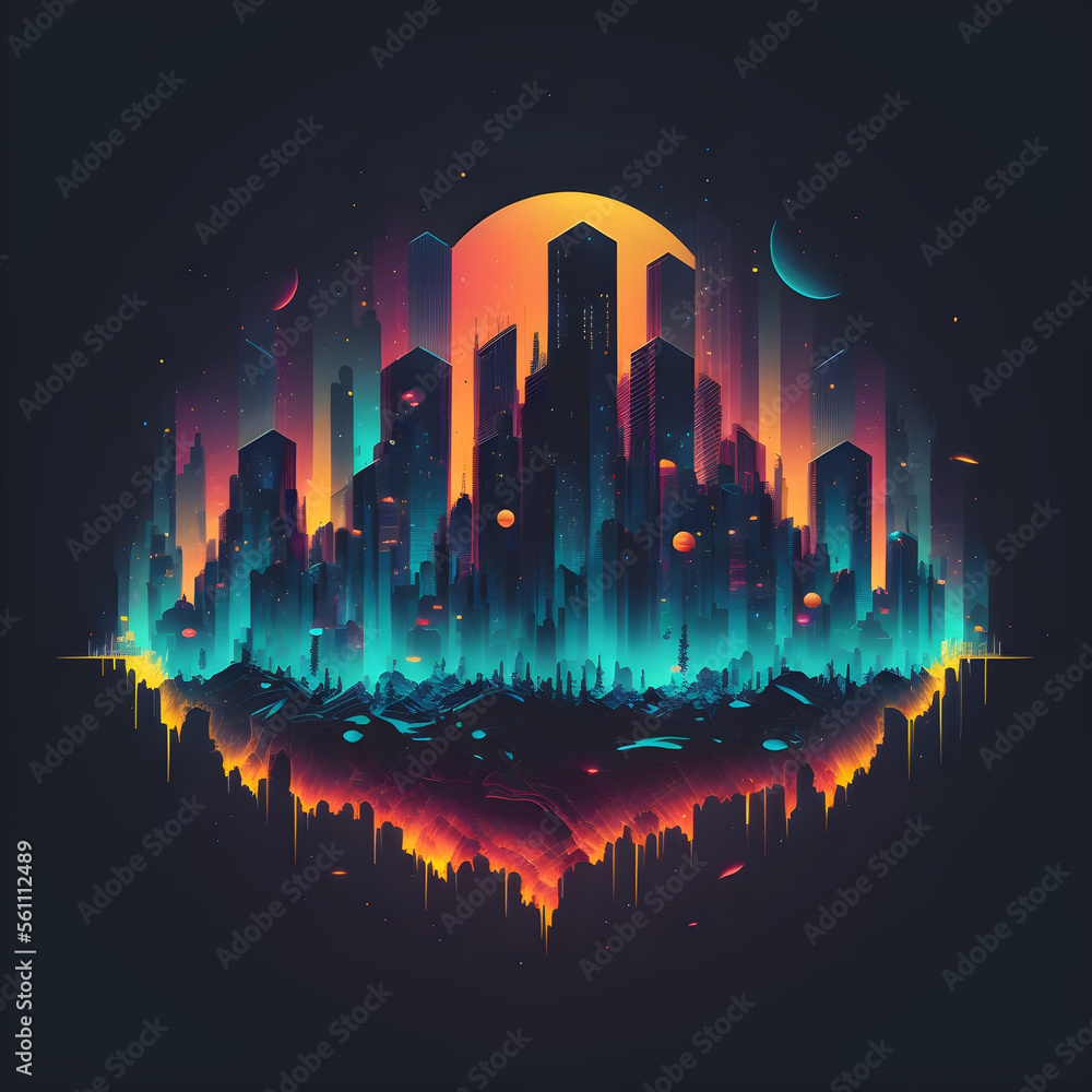Colorful Night City Island  Illustration. Flat Highrises and Skyscrappers. Cyber futuristic Design. Generative AI