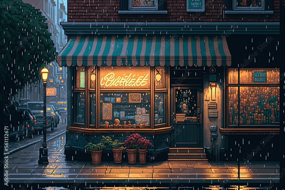 Beautiful pixel art of a cyberpunk coffeeshop in the rain