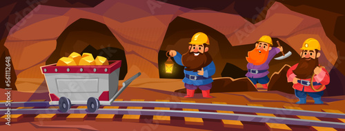 Dwarfs mining gold ore in a cave. Fantasy game vector background. Miners characters with a pick axe and lantern in an underground tunnel put gemstones on a railway wagon. Cartoon style illustration.