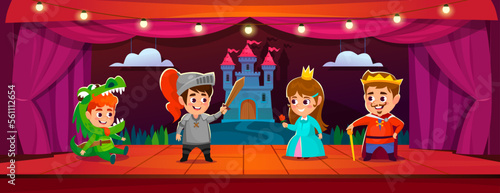 Cute kids in costumes of a king, knight, dragon, and princess on a stage of a theater. Children's show on a scene with a castle background. School play. Cartoon-style vector illustration.