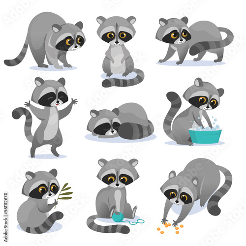 Vector set of cute raccoon characters in cartoon style isolated on white background. Racoon with different facial expressions and poses, playing, eating and washing. Adorable drawing for kids.