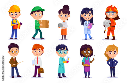 Set of cute kids in different occupation costumes isolated on white background. Boy and girl characters in different job outfits  chef  doctor  teacher  officer  etc. Cartoon style vector illustration