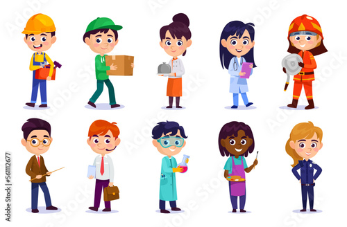 Set of cute kids in different occupation costumes isolated on white background. Boy and girl characters in different job outfits: chef, doctor, teacher, officer, etc. Cartoon style vector illustration