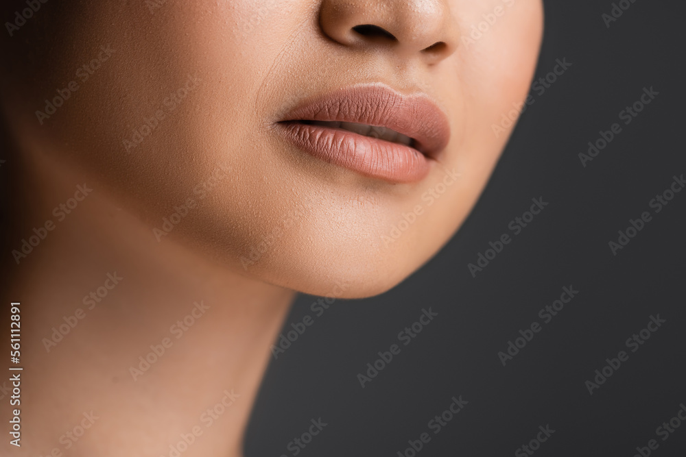 Cropped view of young woman with makeup isolated on grey. Cropped view of young woman with makeup isolated on grey.