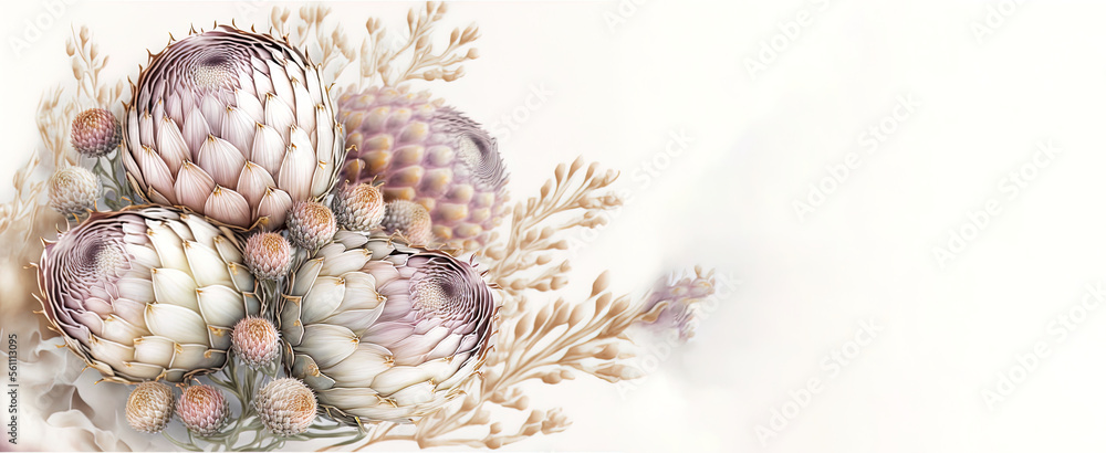 Fototapeta premium Luxury artichoke isolated. Copy text. Beautiful blooming artichokes in pale pink, light mauve and light gold touches. Illustration, generative art