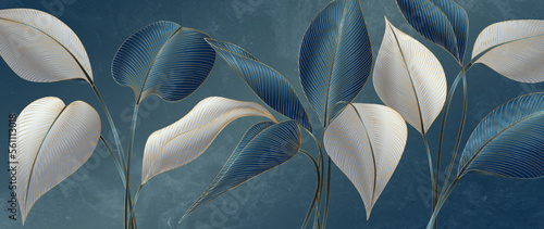 Luxury abstract art background with tropical leaves in white and blue color with golden elements in line style. Botanical banner for decor, print, textile, wallpaper, interior design.
