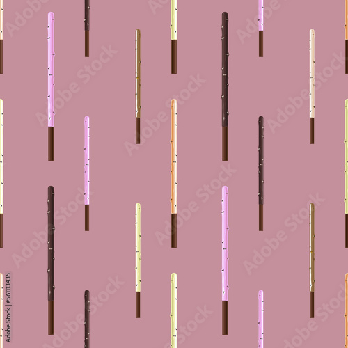 Sticks-cookies in strawberry, banana, white and dark chocolate. Pink seamless pattern.