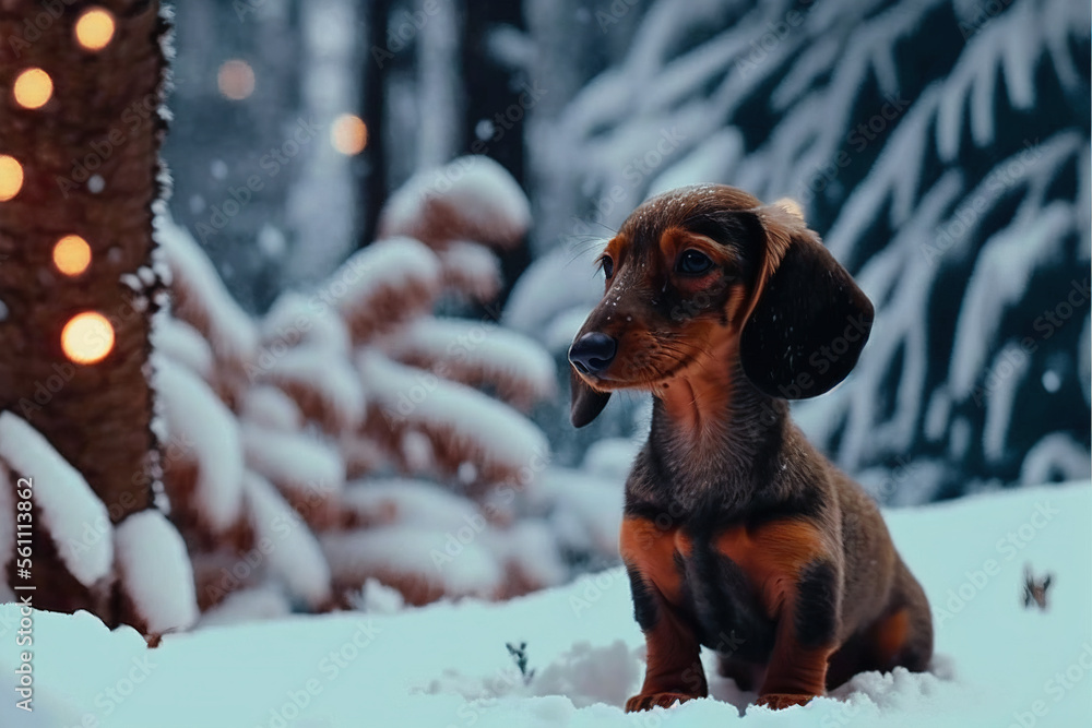 Small Dachshund puppy in snowy forest, Generative AI