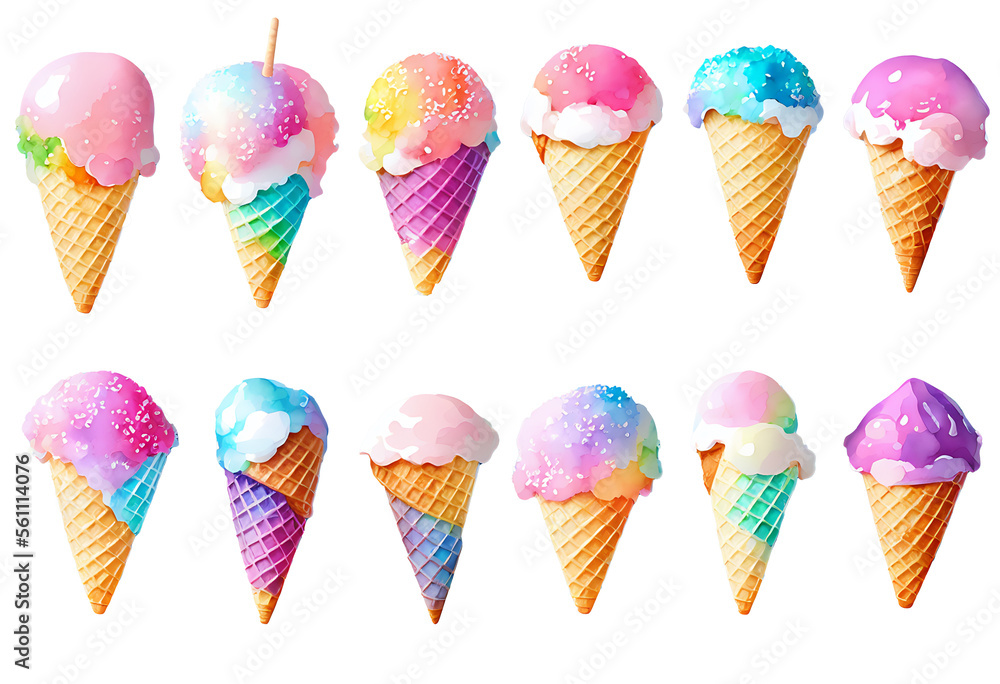 Set of 8 Pastel Kawaii Ice Cream Cones - Generative AI Image Set of 8 Pastel Kawaii Ice Cream Cones - Generative AI Image