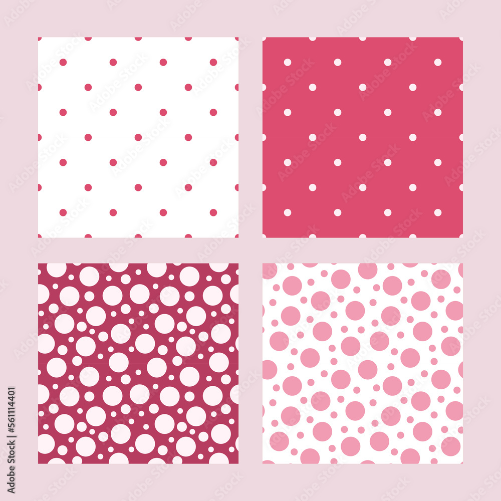 Abstract polka dot seamless patterns set vector illustration in bright vibrant magenta shades color, repeat ornament for textile, fabric, cute home decor
