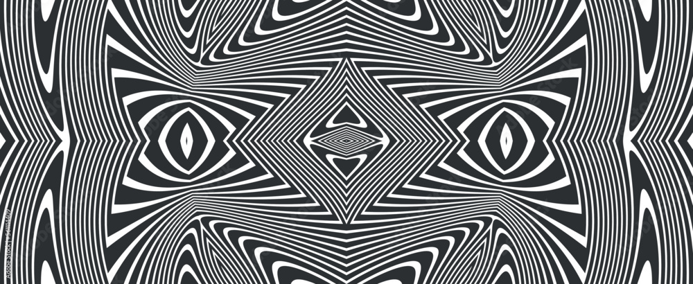 Abstract background with optical illusion wave. Black and white horizontal lines with wavy distortion effect for prints, web pages, template, posters, monochrome backgrounds and pattern Abstract background with optical illusion wave. Black and white horizontal lines with wavy distortion effect for prints, web pages, template, posters, monochrome backgrounds and pattern
