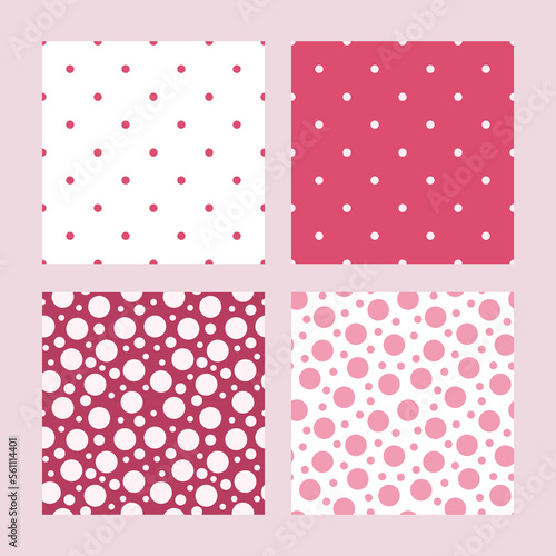 Abstract polka dot seamless patterns set vector illustration in bright vibrant magenta shades color, repeat ornament for textile, fabric, cute home decor