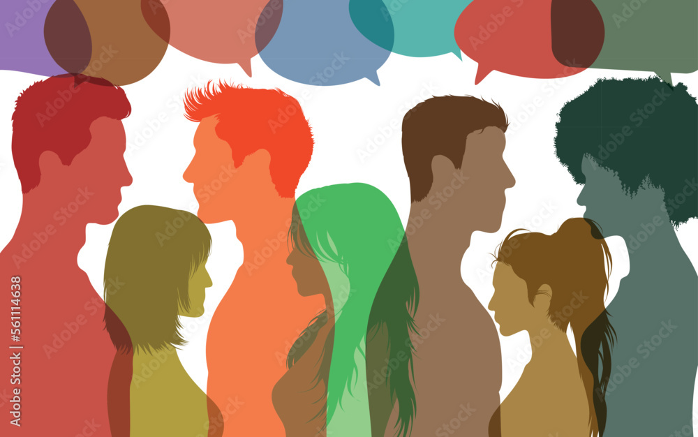 Group of multicoloured people. Networking and communication. Speech bubbles