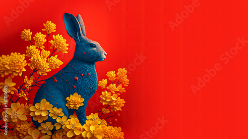 Chinese new year 2023 year of the rabbit. Blue bunny rabbit with yellow flowers on red background. Generative ai