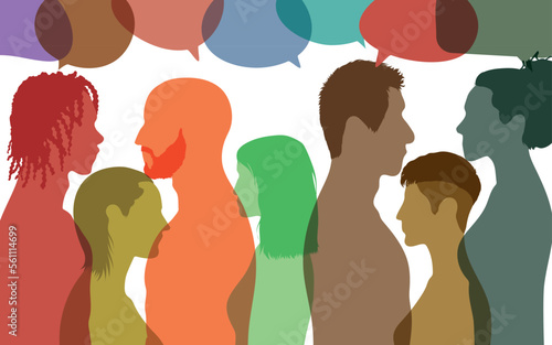 Dialogue group diverse people different cultures.  Social networking communication. Speech bubble