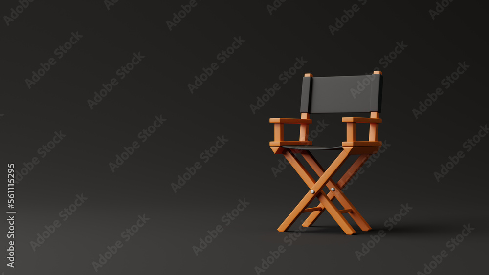 Obraz premium Director chair on black background. Movie industry concept. Cinema production design concept. 3d rendering illustration