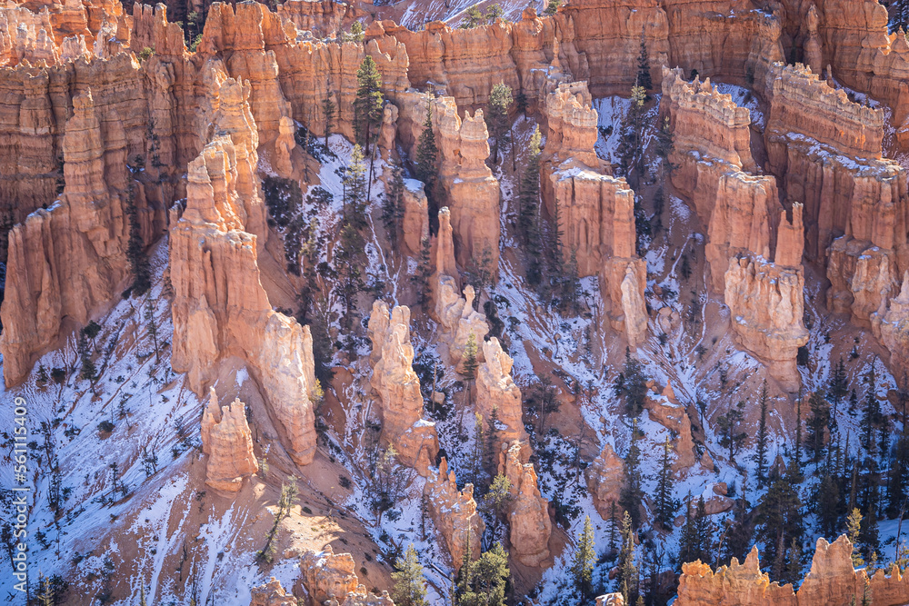 Winter scenery from Bryce Canyon National Park with brilliantly colored orange cliffs and a touch of  snow in Utah.
