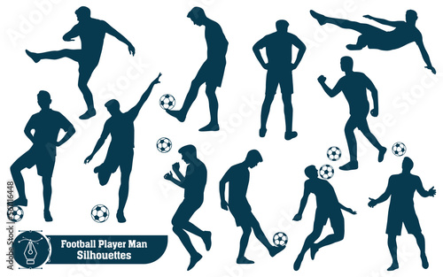 Vector collection of Males playing Soccer or football silhouettes in different poses