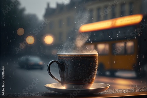 Print op canvas a cup of coffee sitting on a table in front of a window with a bus in the background and rain falling on the glass and a rainy day in the city with a bit of