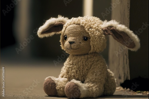  a stuffed animal sitting on the ground next to a wall and door frame with a shadow of a sheep on it's face and ears, with a black background of a dark background. © Anna