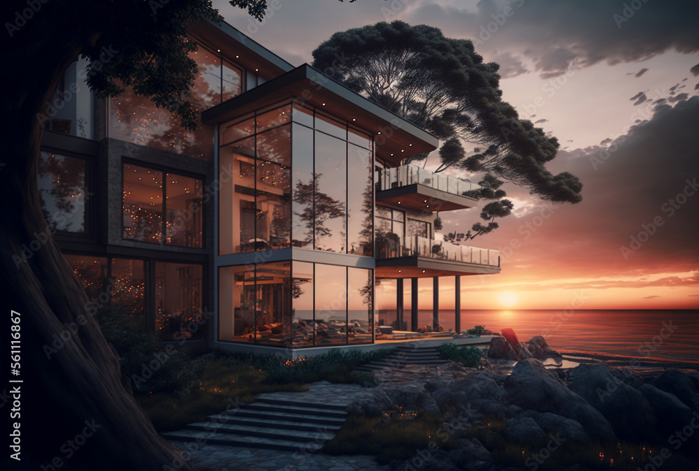 Huge house on the beach with ocean view from floor to ceiling windows. Generative AI Huge house on the beach with ocean view from floor to ceiling windows. Generative AI