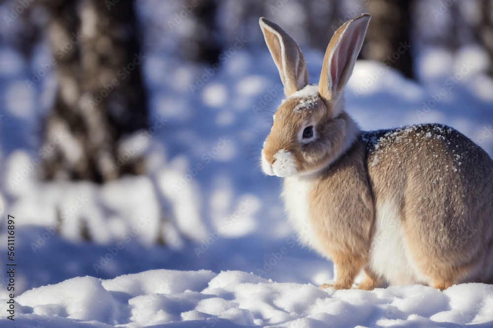 bunny in snow 01 - closeup of brown bunny rabbit sitting in snow at sunny day in forest, generative AI bunny in snow 01 - closeup of brown bunny rabbit sitting in snow at sunny day in forest, generative AI