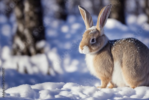 bunny in snow 01 - closeup of brown bunny rabbit sitting in snow at sunny day in forest, generative AI