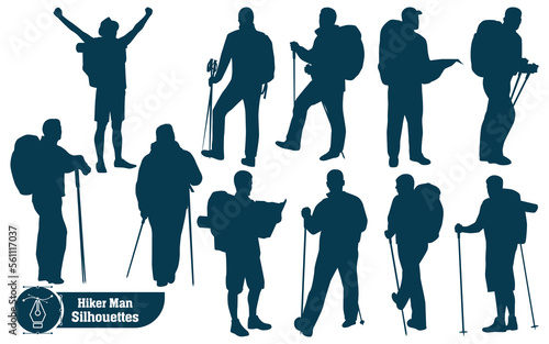 Vector collection of male hikers in mountains silhouettes in different poses