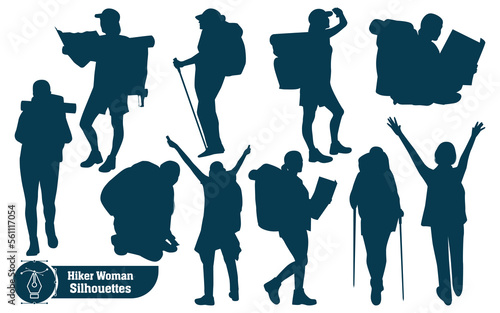 Vector collection of female hikers in mountains silhouettes in different poses